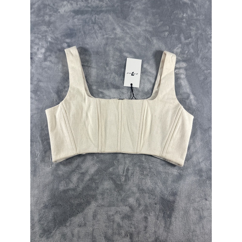 7 For All Mankind Cream Denim Corset Crop Top Square Neck Zip Back Womens Medium